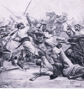 Derrota de Nicholson a los rebeldes en Najafgarh, 2 de agosto de 1857, ilustración de British Battles on Land and Sea, 1915 de Alfred Pearse