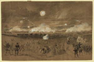 El Cuerpo de Couch formando línea de batalla en los campos de Chancellorsville para cubrir la retirada del Undécimo Cuerpo huyendo vergonzosamente Resumen/medio de Alfred R. Waud