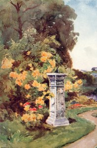 "El reloj de sol era el dios de los jardines cristianos. Hablaba de trabajos moderados, de placeres no prolongados después de la puesta del sol" (litografía en color) de Alfred Rawlings