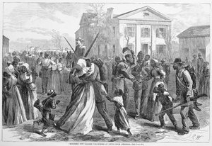 Voluntarios de color licenciados en Little Rock, Arkansas, de Harpers Weekly, pub. 1866 de Alfred Rudolph Waud