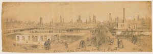 Vista desde el puente de Erie Street mirando hacia el este durante el incendio de Chicago de 1871