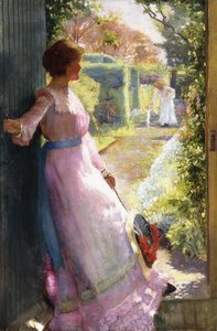 La esposa del artista dando la bienvenida a su hermana, Hebe, para el té
