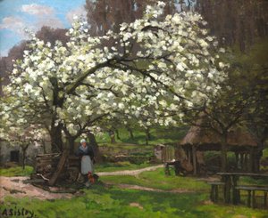 Primavera, campesina bajo los árboles en flor de Alfred Sisley