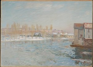 El Loing y los molinos de Moret, efecto de nieve de Alfred Sisley