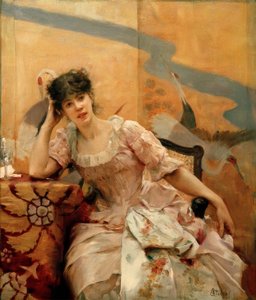 A. Stevens, joven mujer y biombo japonés de Alfred Emile Stevens