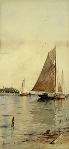 Secando las velas, barcos ostreros, Patchogue, Long Island de Alfred Thompson Bricher