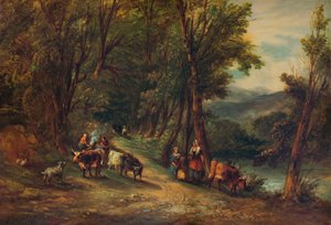 Ganado y figuras en un valle boscoso con arroyo, 1860, 1938 de Alfred Vickers