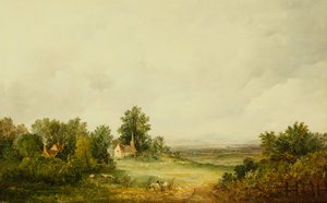 Ovejas junto a una iglesia en un paisaje boscoso de Alfred Vickers