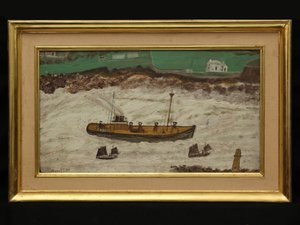 Tres barcos entre el faro y la costa, c.1930 de Alfred Wallis