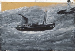 Arrastrero y muelle (óleo sobre cartulina) de Alfred Wallis