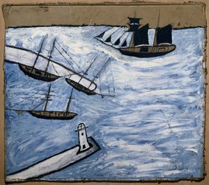 Vista del puerto y del faro de Saint Ives (Cornualles, Inglaterra). Óleo y lápiz sobre cartón, por Alfred Wallis (1855-1942). de Alfred Wallis