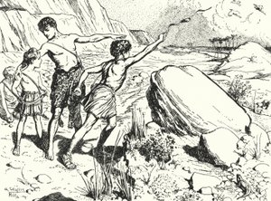 Aníbal y sus hermanos aprendiendo a lanzar piedras con una honda de Alfred Wallis Mills
