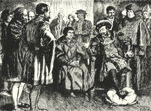Sir Thomas More en la corte de Enrique VIII, resistiendo los intentos del rey de hacerle decir algo para divertirlo de Alfred Wallis Mills
