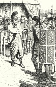 El emperador romano Teodosio el Grande condenando a Magnus Maximus a muerte por su participación en el asesinato de Graciano, 388