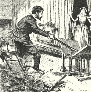 La esposa del alfarero francés Bernard Palissy mirando con horror mientras él destroza sus muebles para usarlos como combustible para sus hornos