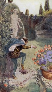 Agua de una jarra sostenida por una estatua en un jardín vertiéndose sobre la cabeza del alfarero francés Bernard Palissy