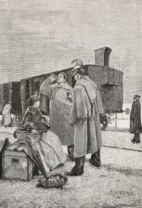 Five Minutes Stop, dos hombres de pie en una parada de tren bebiendo y comiendo, grabado de un cuadro de Alfredo Luxoro (1859-1918), de L