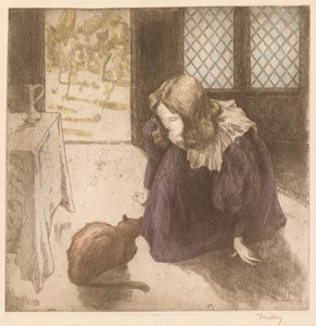 Interior, niña pequeña con gato de Alfredo Müller