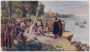 Portugueses levantando un pilar de piedra en la desembocadura del río Congo de Alfredo Roque Gameiro