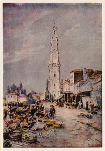 Torre de los Clérigos, Oporto, Portugal (litografía en color) de Alfredo Roque Gameiro