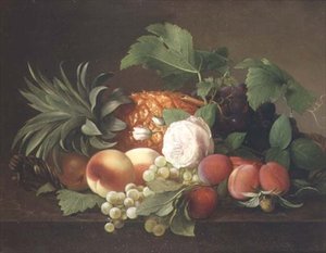 Naturaleza muerta con piña, duraznos, ciruelas y uvas