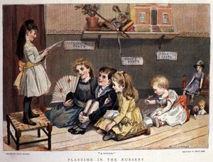 Juegos infantiles: “el concierto” Una niña canta frente a una audiencia de niños y juguetes. Dibujo de Alice Havers. 1877