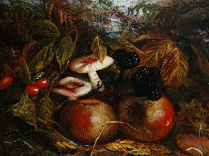 Naturaleza muerta con hongos, manzanas y moras de Alice M Wilson