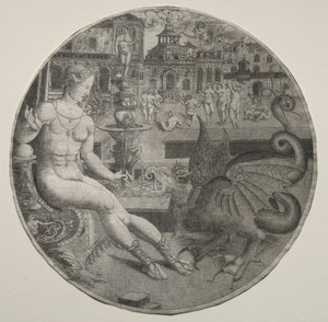 Mujer desnuda y un dragón, 1523 de Allaert Claesz