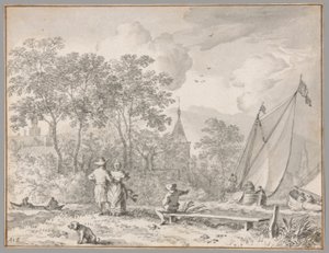 Paisaje con figuras elegantes junto a un río, con barcos a la derecha y una ciudad detrás de árboles más allá de Allaert van Everdingen