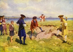 El primer cuarteto internacional, golfistas en el siglo XVII (litografía en color)