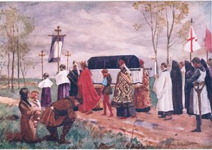 Burial of St Hugh, ilustración de "Childrens Tales of English Minsters", c.1920 (litografía en color) de Allan Stewart