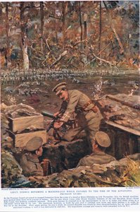 El teniente Dimmer reparando una ametralladora mientras está expuesto al fuego de la guardia prusiana que avanza, ilustración de "Deeds that Thrill the Empire", publicada por Hutchinson & Co., c.1920 (litografía en color) de Allan Stewart