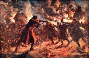 El soldado Meston atacando, con una sola mano, a varios de los enemigos que avanzaban, tras capturar una trinchera británica (litografía en color)