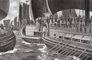 El primer combate marítimo de la historia (litografía) de Allan Stewart