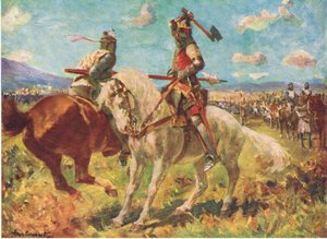 El combate entre el rey Robert the Bruce y Sir Henry de Bohun en Bannockburn (litografía en color)