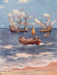 Vasco da Gama desembarcando en Kalicut (litografía en color) de Allan Stewart