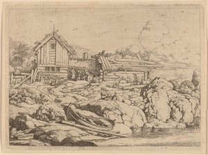 Barco en la orilla de un río con tres cabras de Allart van Everdingen