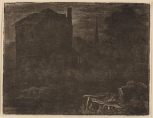 Paisaje nocturno con casa y aguja de iglesia de Allart van Everdingen