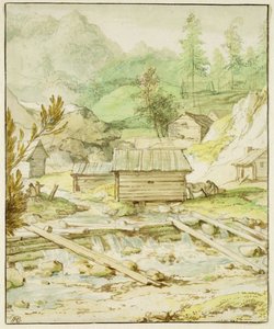 Paisaje nórdico con cabaña de madera y presa de Allart van Everdingen