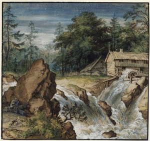 Paisaje nórdico con un dibujante junto a una cascada de Allart van Everdingen