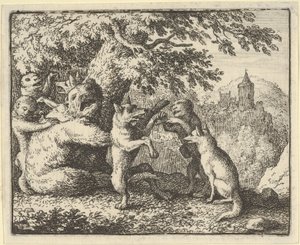 Por orden del león, se toma un trozo de piel del oso, un trozo de las patas delanteras..., 1650-75 de Allart van Everdingen
