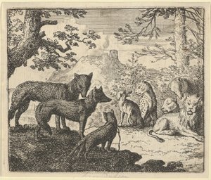 Los padres de Renard piden retirarse de la corte, de "Renard el Zorro" de Hendrick van Alcmar de Allart van Everdingen
