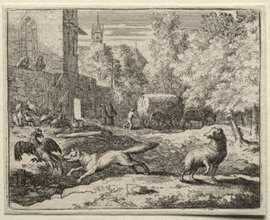 Reynard el Zorro: Reynard persiguiendo gallinas de Allart van Everdingen