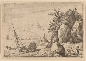 Paisaje marino con tres figuras a la derecha