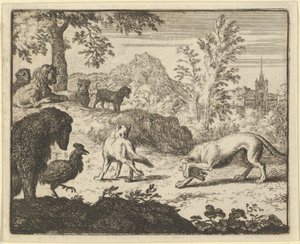 El león permite una pelea entre el lobo y Renard de Allart van Everdingen