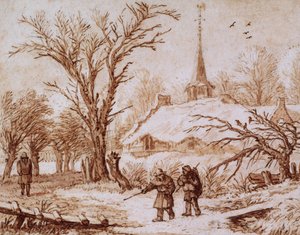 Viajeros en una carretera cerca de un pueblo en invierno (tiza, pluma, tinta y aguada) de Allart van Everdingen