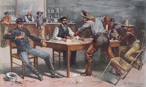 Discusión sobre cartas en un salón del Oeste de Allen Carter (after) Redwood