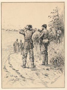 Oficiales y general observando una batalla naval (Batalla del Monitor y el Merrimac) de Allen Carter Redwood