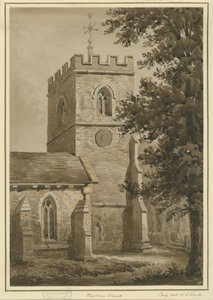Iglesia de Harborne: dibujo en sepia roja, 2 jul 1842 de Allen Edward Everitt