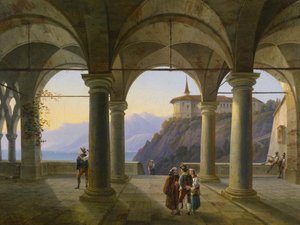 Terraza con Columnas con Figuras y Vista de un Lago de Montaña de Alois Gustav Schulz